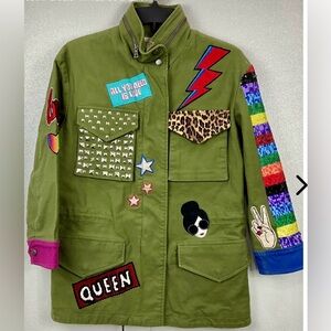 Alice + Olivia Green Denim Military Jacket With Patches Sequins & Studs Size XS